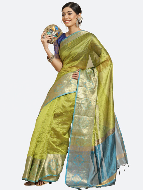 

Satrani Olive Green & Silver-Toned Woven Design Saree