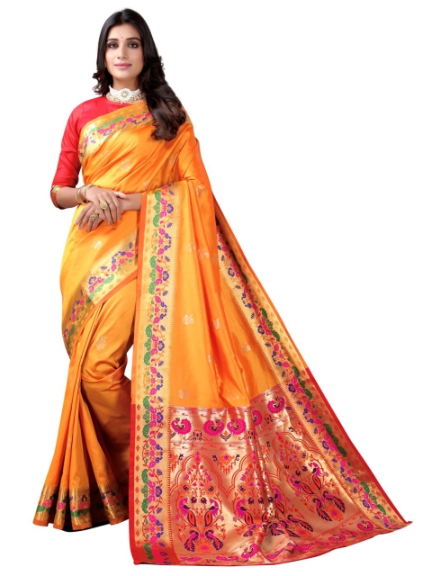 

Satrani Yellow & Red Woven Design Zari Silk Cotton Saree