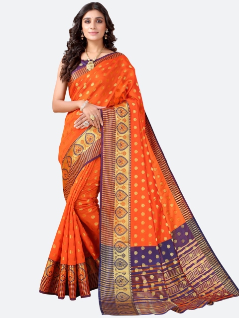 

Satrani Orange & Purple Floral Zari Banarasi Saree