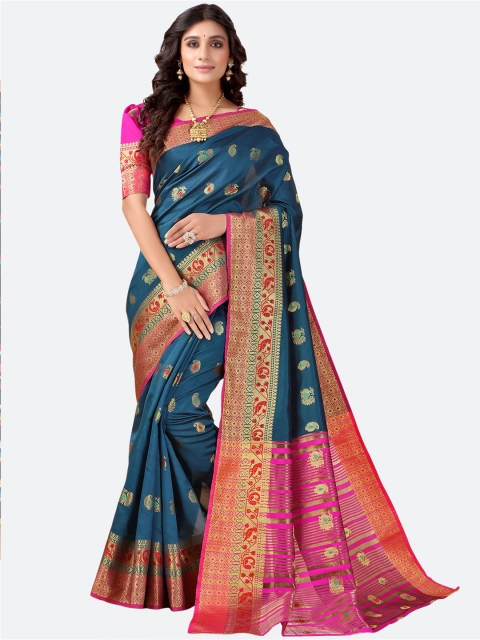 

Satrani Teal Blue & Magenta Ethnic Motifs Zari Saree