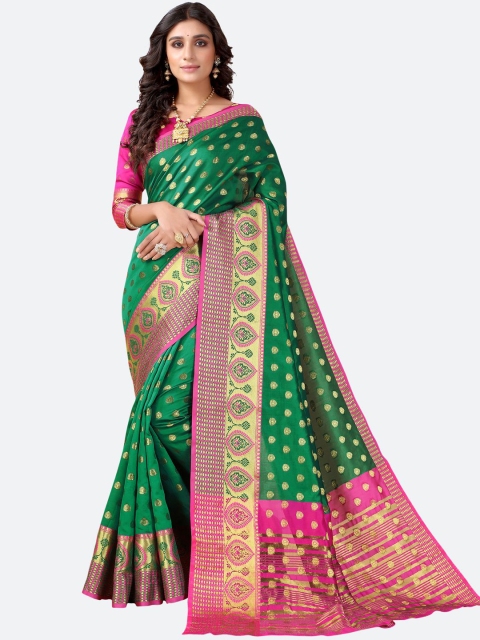 

Satrani Green & Pink Floral Zari Banarasi Saree