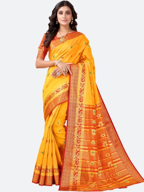 

Satrani Yellow & Gold-Toned Woven Design Saree