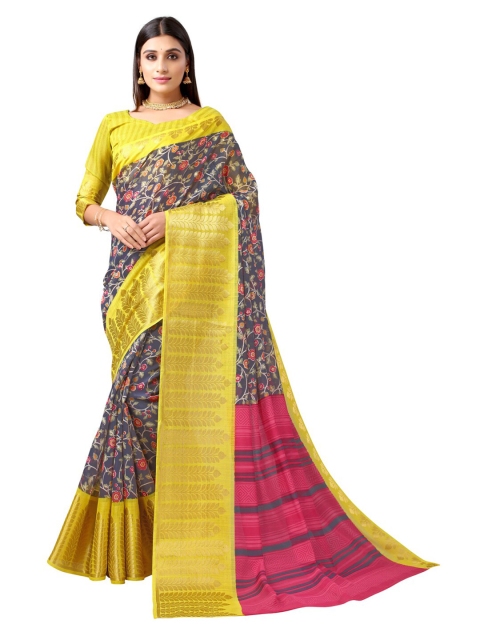 

Satrani Grey & Yellow Floral Saree