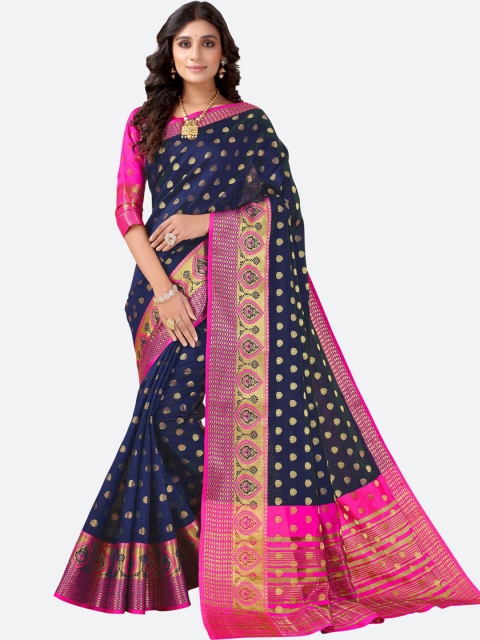 

Satrani Navy Blue & Gold-Toned Floral Zari Banarasi Saree