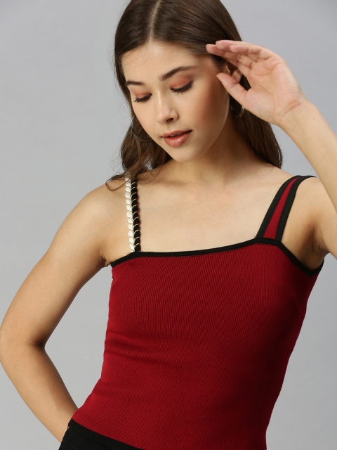 

SHOWOFF Maroon Shoulder Straps Ribbed Knitted Fitted Top