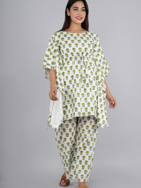 

HOUSE OF JAMOTI Women Green Floral Printed Pure Cotton Kurti with Palazzos