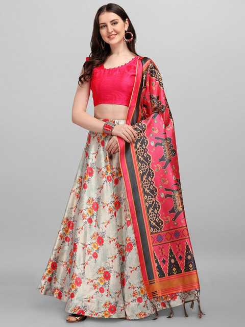 

Fashion Basket Grey & Magenta Semi-Stitched Lehenga & Unstitched Blouse With Dupatta