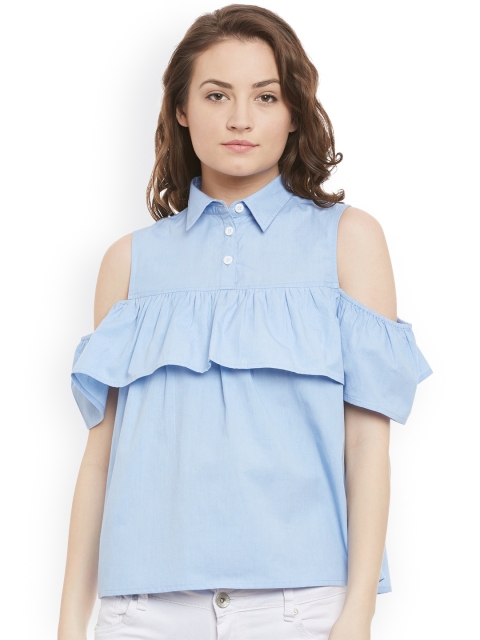 

THE SILHOUETTE STORE Blue Cold Shoulder Shirt-Style Top