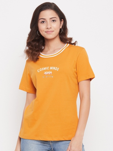 

Octave Women Mustard Yellow Typography Printed Applique T-shirt