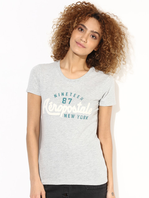 

Aeropostale Women Grey Melange Printed Round Neck T-shirt