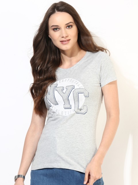 

Aeropostale Women Grey Melange Printed Round Neck T-shirt