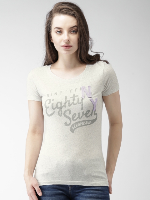 

Aeropostale Women Grey Melange Printed Round Neck T-shirt