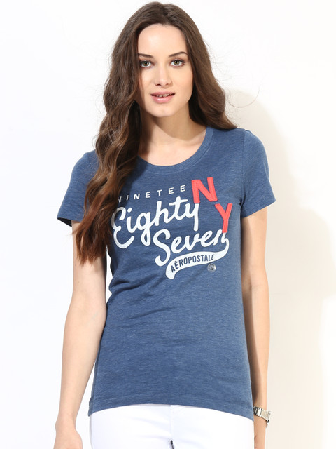 

Aeropostale Women Blue Printed Round Neck T-shirt