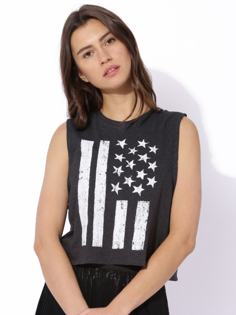 

Aeropostale Women Charcoal Grey Printed Crop Pure Cotton T-shirt