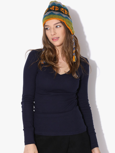 

Aeropostale Women Navy Blue Solid V-Neck T-shirt