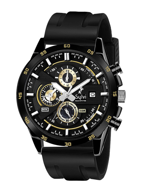 

Sylvi Men Gold-Toned Patterned Dial & Black Bracelet Style Straps Analogue Chronograph Watch