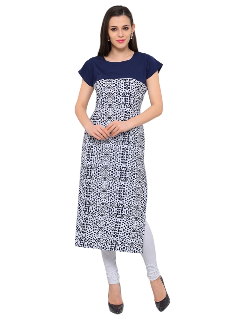 

Vaamsi Women White & Navy Printed Straight Kurta