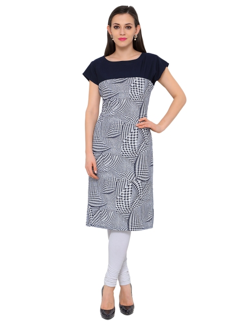 

Vaamsi Women White & Navy Printed Straight Kurta