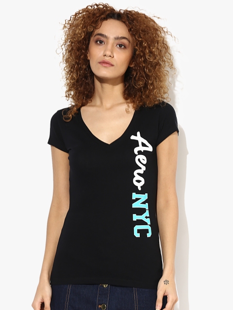 

Aeropostale Women Black Printed V-Neck T-Shirt