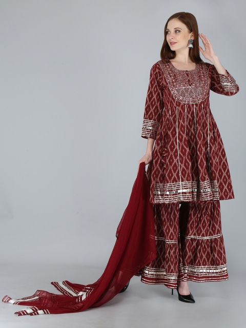 

KALINI Women Maroon Ethnic Motifs Yoke Design Gotta Patti Pure Cotton Kurti with Sharara & With Dupatta