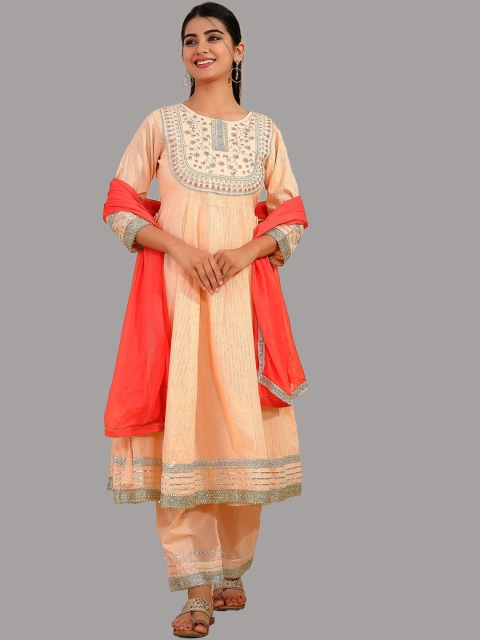 

KALINI Women Peach-Coloured Ethnic Motifs Yoke Design Panelled Gotta Patti Pure Cotton Kurti with Skirt &