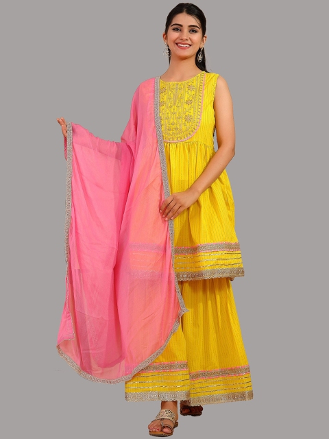 

KALINI Women Yellow Embroidered Pleated Gotta Patti Pure Cotton Kurti with Skirt & With Dupatta