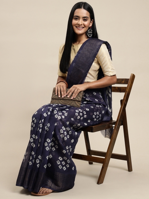 

KALINI Navy Blue & White Bandhani Print Saree