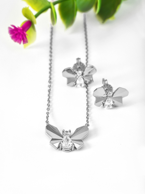 

SILBERRY Rhodium-Plated White CZ-Studded Pendant With Chain, Silver