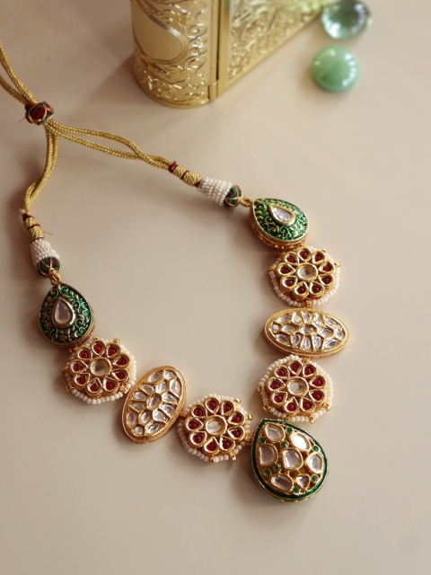 

CURIO COTTAGE Gold-Plated Green & white Stone Studded & Beaded Handcrafted Jewellery Set