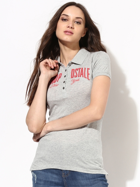 

Aeropostale Women Grey Melange Solid Polo Collar T-shirt