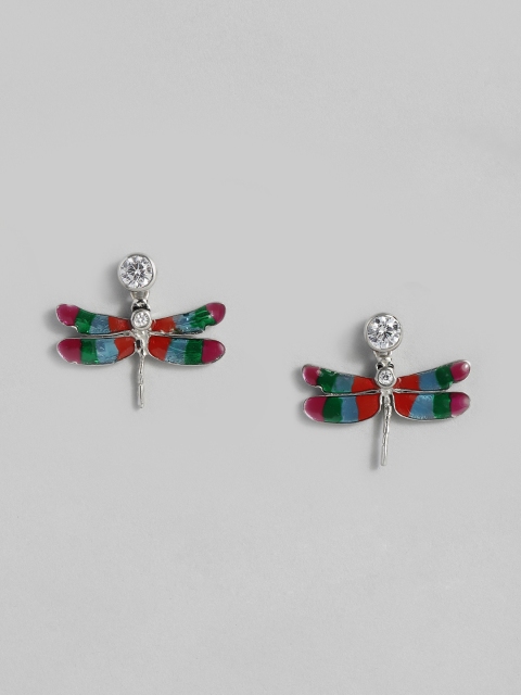 

Onaifa 925 Sterling Silver Red & Green Rhodium-Plated CZ Studded Enamelled Quirky Studs