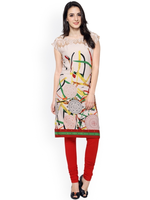 

Vaamsi Women Beige Printed Straight Kurta