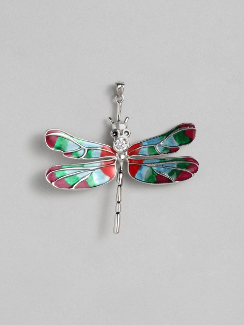 

Onaifa Rose Silver-Toned & Green Sterling Silver-Plated CZ-Studded Dragonfly Pendant