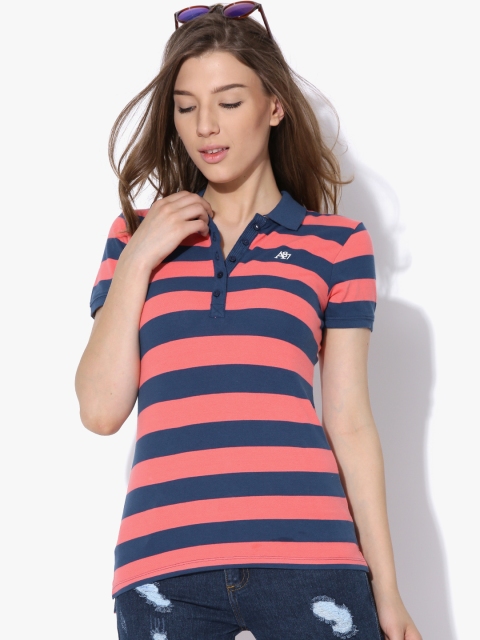 

Aeropostale Women Navy & Coral Orange Striped Polo Collar T-shirt, Navy blue
