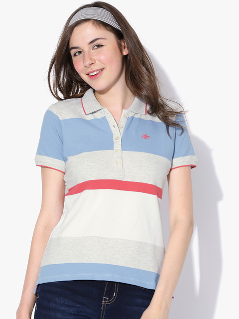 

Aeropostale Women Grey Melange & Blue Striped Polo Collar T-shirt