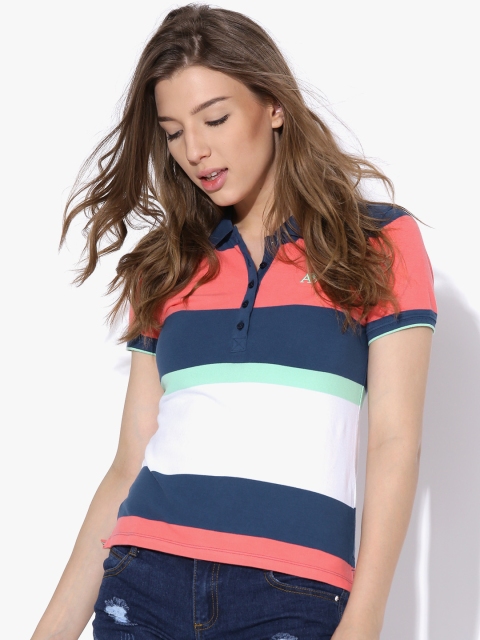 

Aeropostale Women Coral Pink & Navy Striped Polo Collar T-shirt