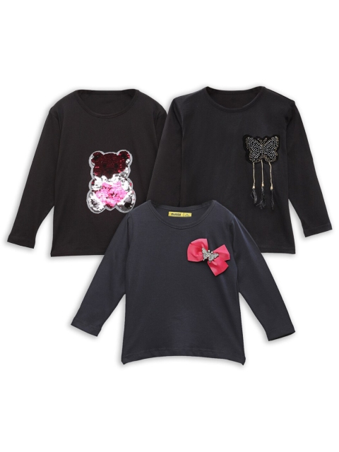 

NYNSH- PlusS Kids Girls Pack of 3 Cotton Applique T-shirts, Black