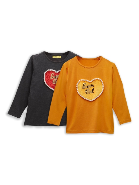 

NYNSH Girls Black & Mustard Yellow 2 Printed Applique T-shirt