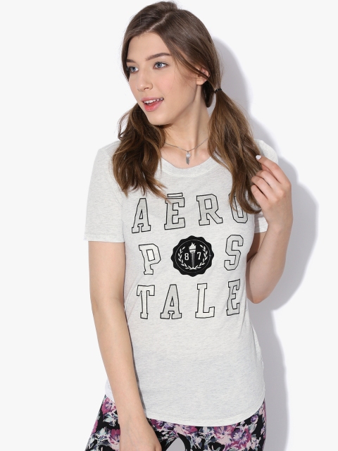 

Aeropostale Women Grey Melange Flock Print Round-Neck T-shirt