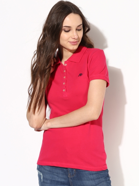 

Aeropostale Women Magenta Solid Polo Pure Cotton T-shirt