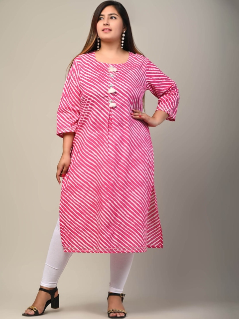 

Swasti Women White Striped Keyhole Neck Thread Work Floral Kurta