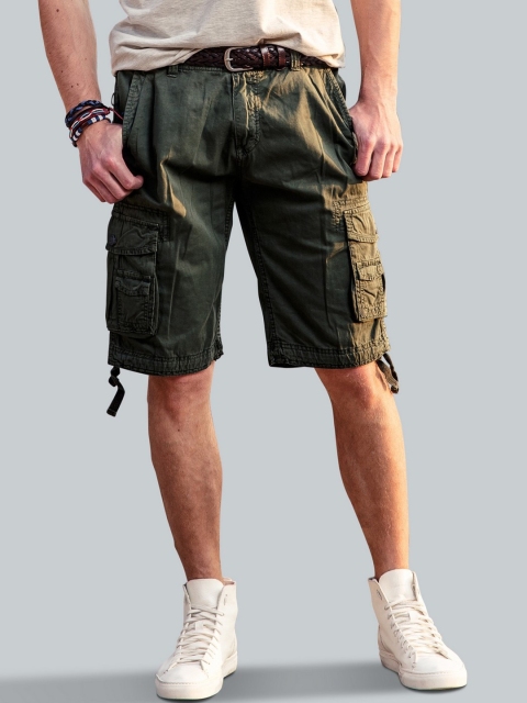 

MENS POEM Men Green Cotton Cargo Shorts