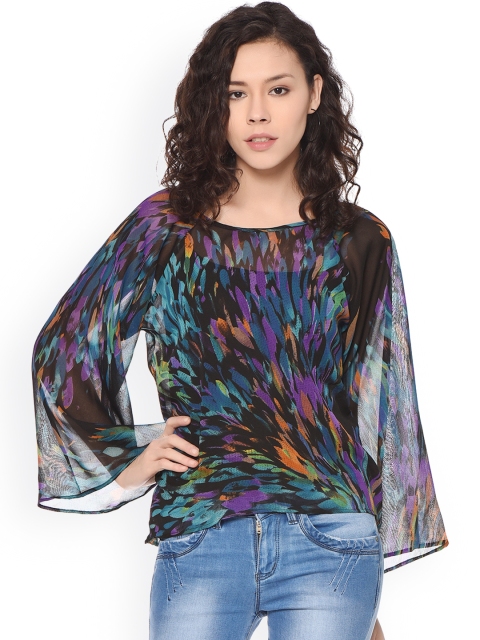 

PURYS Black Printed Semi-Sheer Top