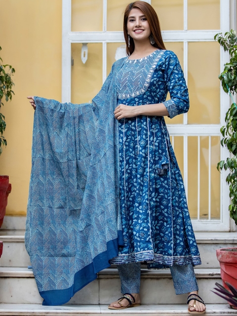 

KAAJH Women Blue Printed Empire Mirror Work Pure Cotton Kurta with Salwar & With Dupatta