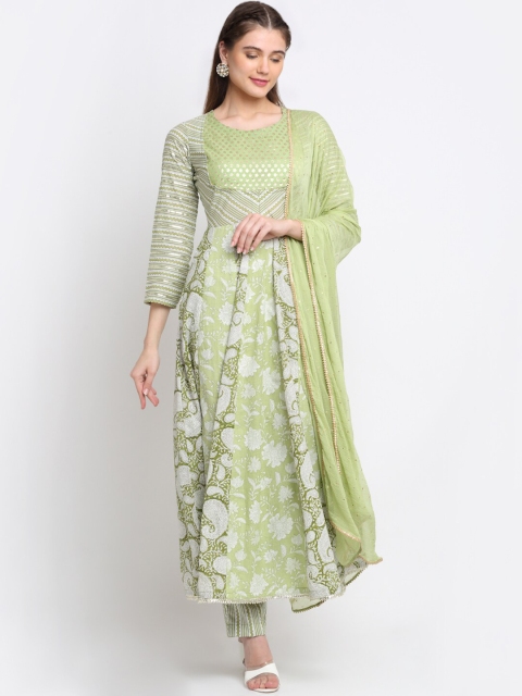 

anokherang Women Green Printed Empire Pure Cotton Kurti with Churidar & With Dupatta