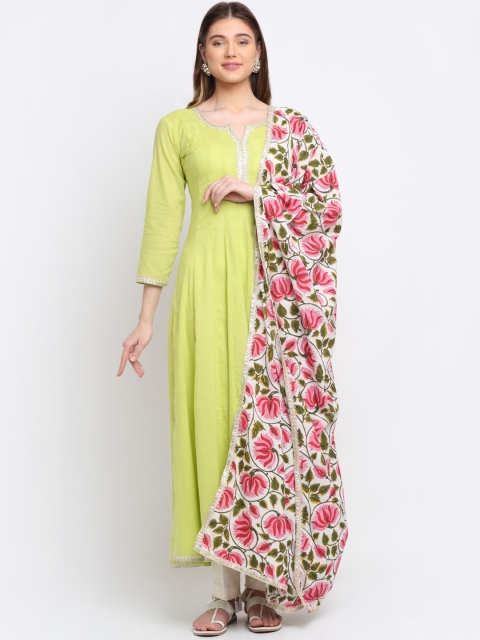 

anokherang Women Lime Green Floral Panelled Pure Cotton Top with Trousers & With Dupatta