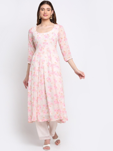

anokherang Women Cream-Coloured Floral Printed Panelled Silk Georgette Kurta with Palazzos