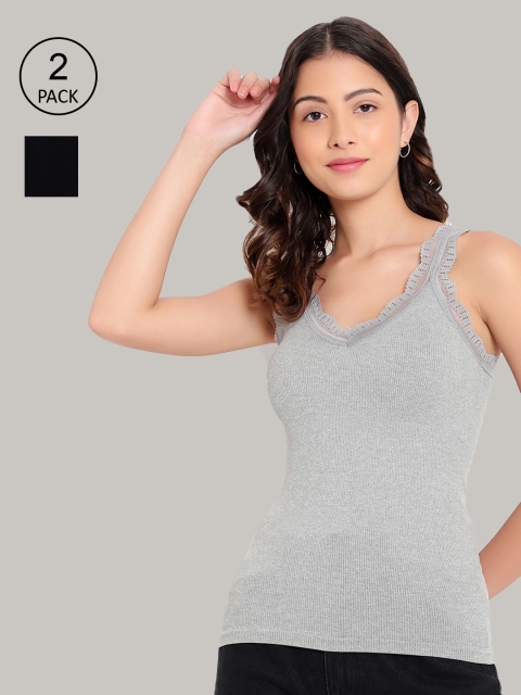 

PARKHA Pack of 2 Grey & Black Solid Padded Cotton Camisoles