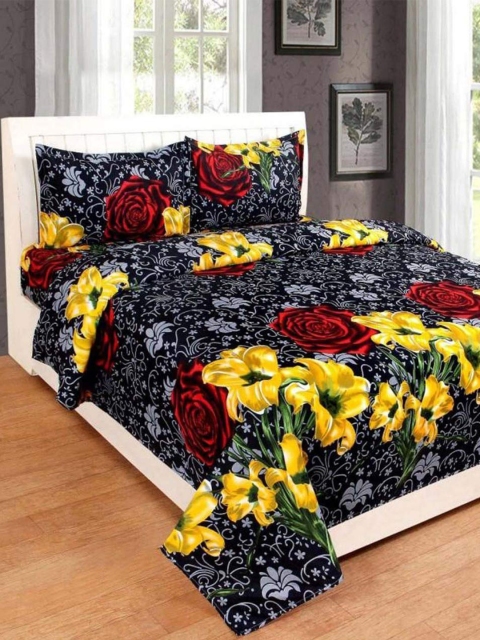 

THE little BIG STORE Black & Yellow Floral 120 TC Queen Bedsheet with 2 Pillow Covers