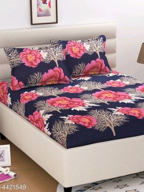

THE little BIG STORE Navy Blue & Pink Floral 120 TC Queen Bedsheet with 2 Pillow Covers